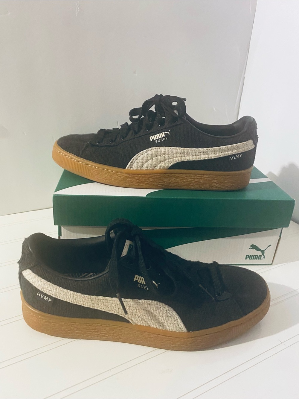 Puma Black Suede Sneakers with Natural Hemp Stripe and Gum Sole